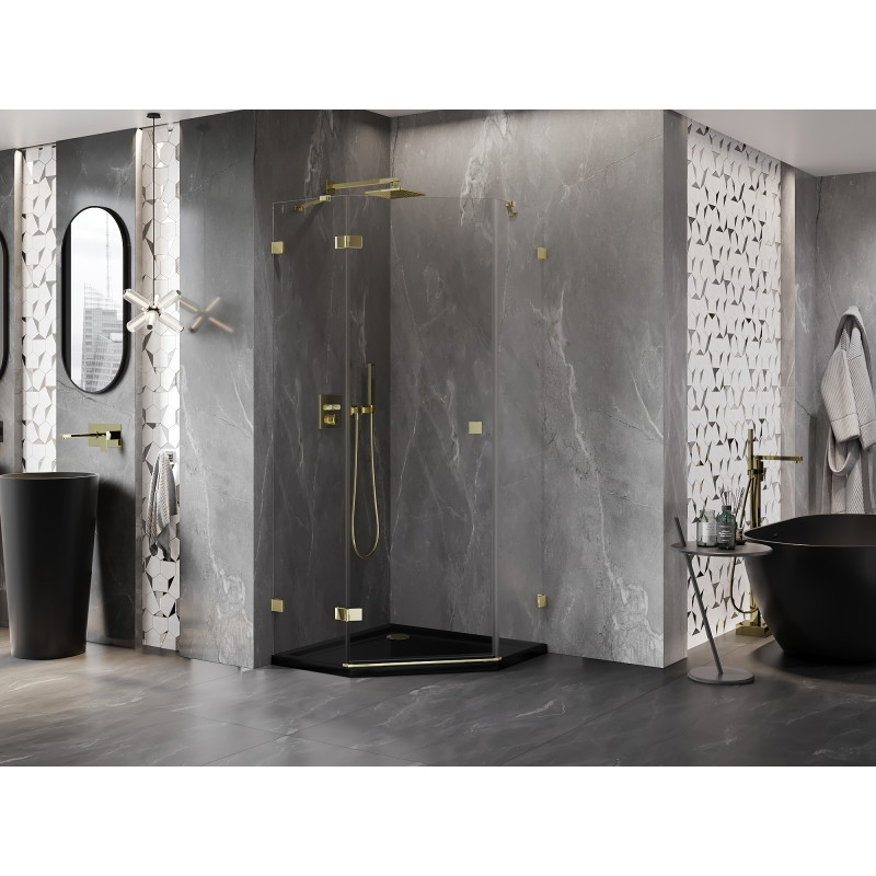 Mexen Lunar Fünfeck-Duschkabine mit Schwingtür links 90 x 90 cm, transparent, gold - 831-090L-090P-50-00-L