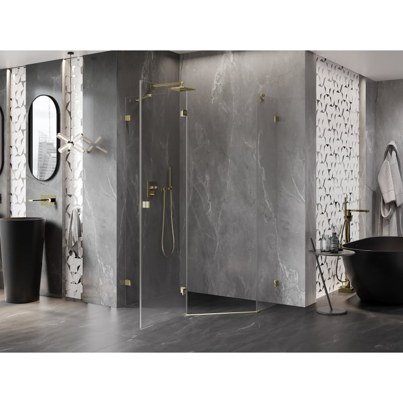 Mexen Lunar fünfeckige Duschkabine mit Schwenktür links 100 x 80 cm, transparent, gold - 831-100L-080P-50-00-L