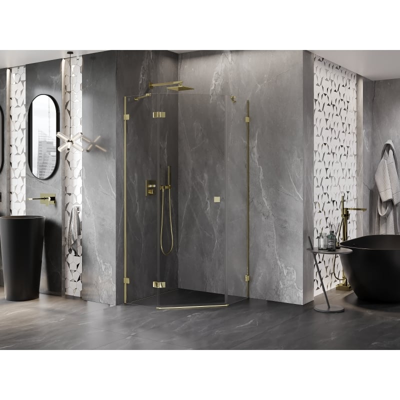 Mexen Lunar Fünfeck-Duschkabine links schwenkbar 100 x 100 cm, transparent, gold - 831-100L-100P-50-00-L