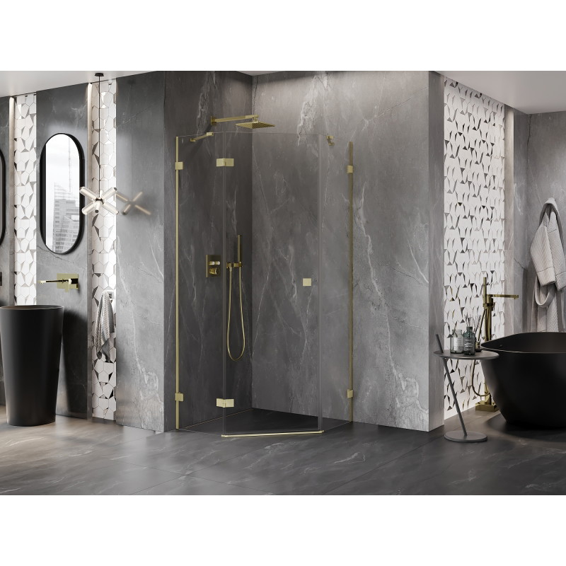 Mexen Lunar Fünfeck-Duschkabine schwenkbar links 80 x 80 cm, transparent, gold gebürstet - 831-080L-080P-55-00-L