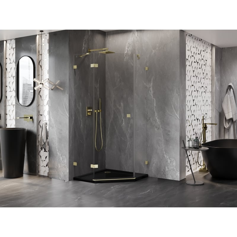 Mexen Lunar fünfeckige Duschkabine links öffnend 90 x 90 cm, transparent, gebürstetes Gold - 831-090L-090P-55-00-L