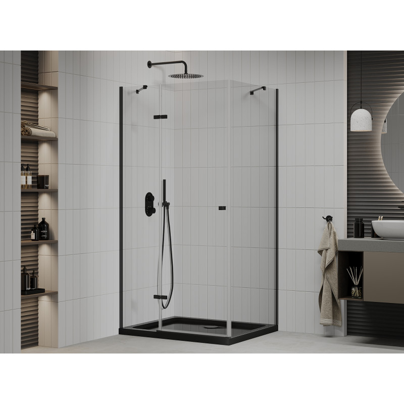 Mexen Roma Schwenkbare Duschkabine 90 x 100 cm, transparent, schwarz + Duschwanne Flat, schwarz - 854-090-100-70-00-4070B