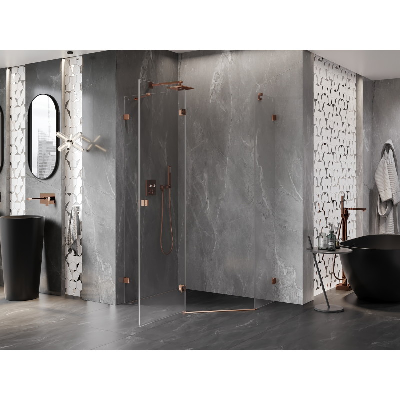 Mexen Lunar Fünfeck-Duschkabine, schwenkbar links 90 x 80 cm, transparent, Roségold - 831-090L-080P-60-00-L