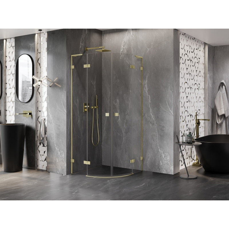Mexen Lunar L halbkreisförmige Duschkabine zum Öffnen 100 x 100 cm, transparent, gebürstetes Gold - 833L-100L-100P-55-00