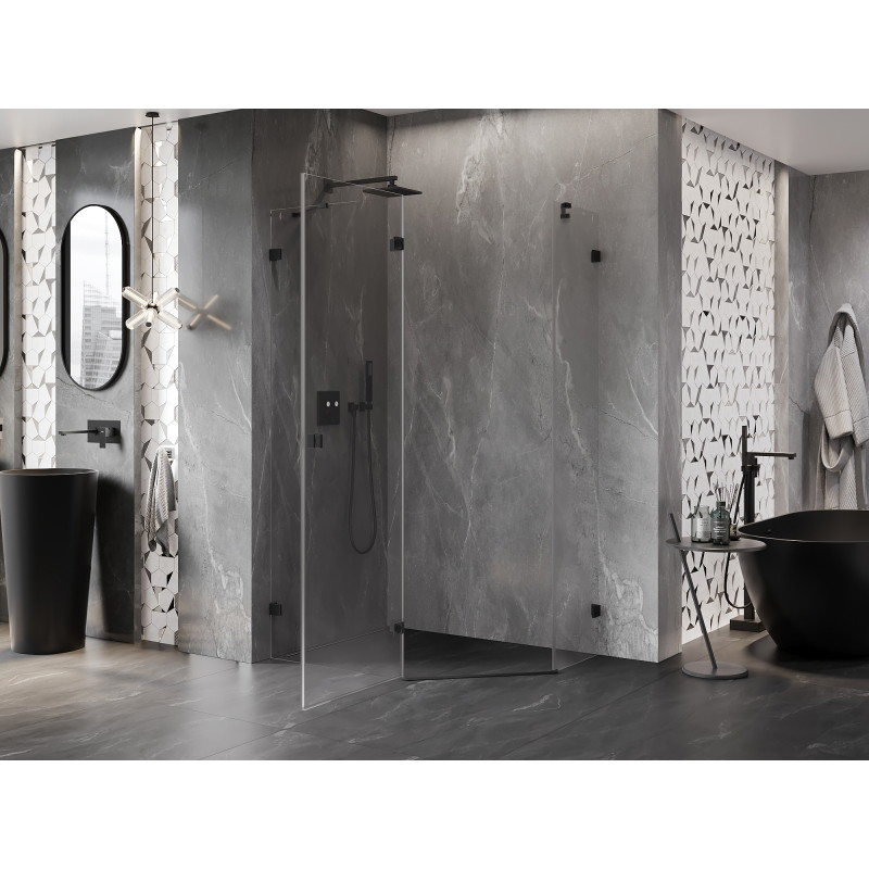 Mexen Lunar Fünfeckige Duschkabine mit linker Schwingtür 90 x 80 cm, transparent, schwarz - 831-090L-080P-70-00-L