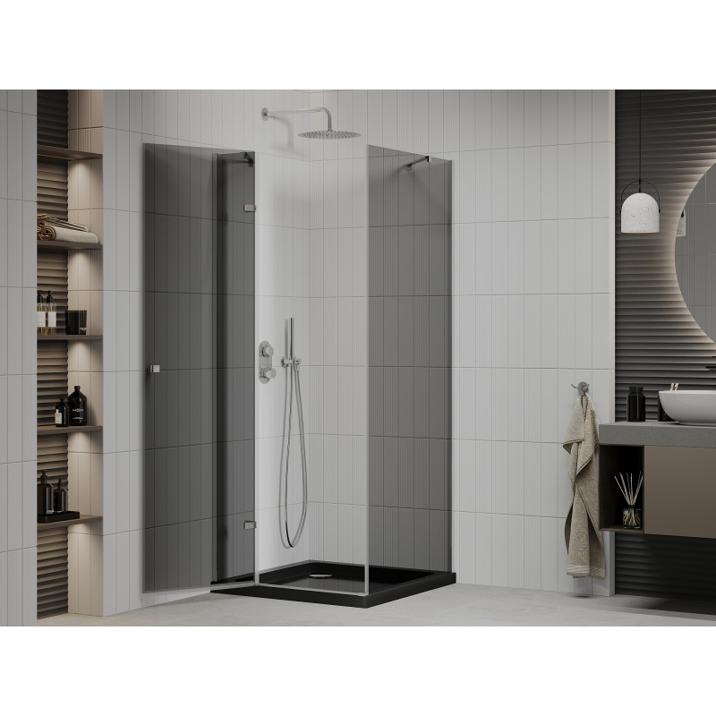 Mexen Roma Schwenkbare Duschkabine 80 x 80 cm, Graphit, Chrom + Duschwanne Flat, Schwarz - 854-080-080-01-40-4070