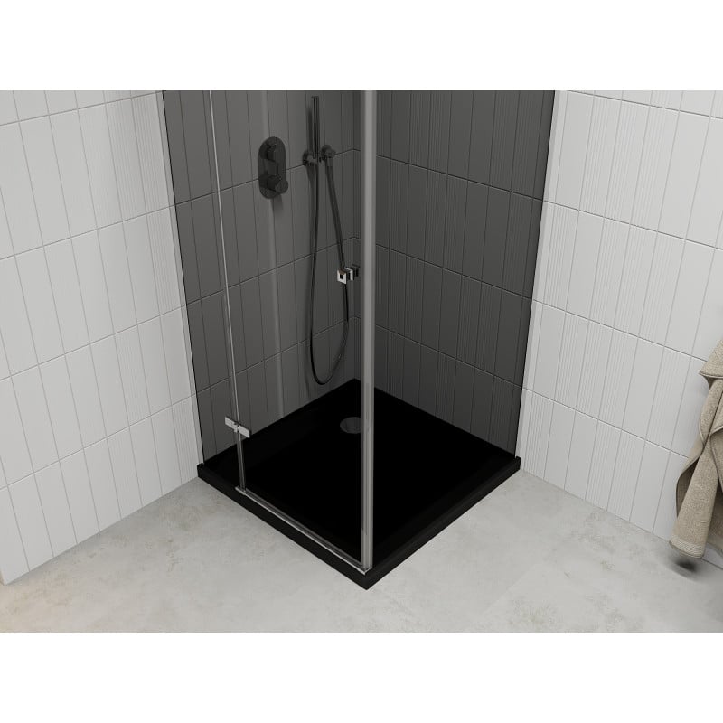 Mexen Roma Duschkabine schwenkbar 90 x 90 cm, Graphit, Chrom + Duschwanne Flat, schwarz - 854-090-090-01-40-4070