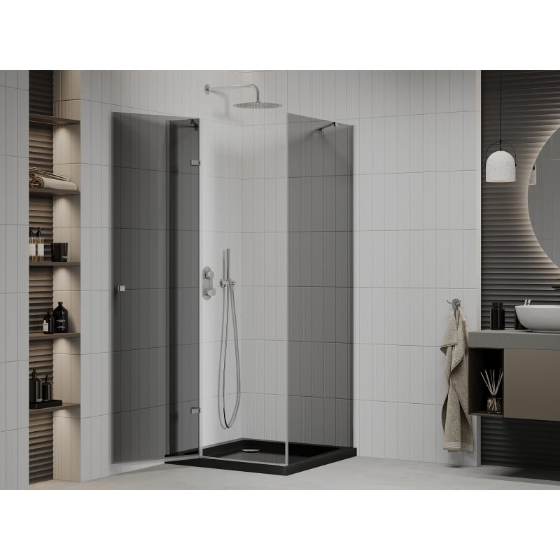 Mexen Roma Duschkabine schwenkbar 90 x 90 cm, Graphit, Chrom + Duschwanne Flat, schwarz - 854-090-090-01-40-4070