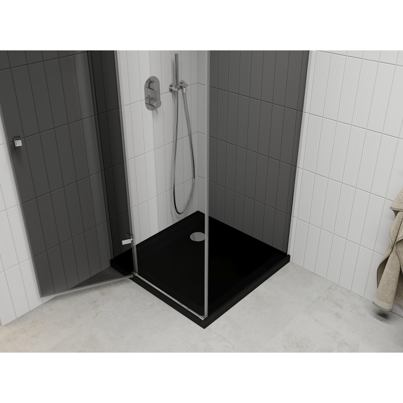 Mexen Roma Duschkabine schwenkbar 90 x 90 cm, Graphit, Chrom + Duschwanne Flat, schwarz - 854-090-090-01-40-4070