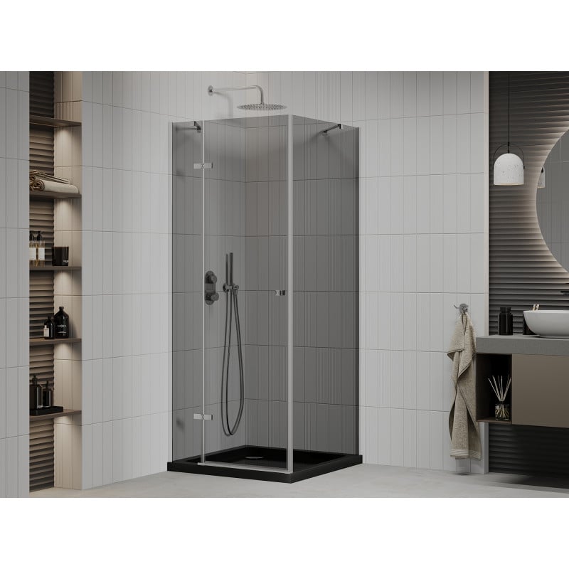 Mexen Roma Duschkabine schwenkbar 90 x 90 cm, Graphit, Chrom + Duschwanne Flat, schwarz - 854-090-090-01-40-4070