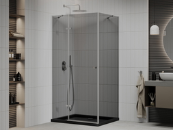 Mexen Roma Duschkabine schwenkbar 90 x 120 cm, Graphit, Chrom + Duschwanne Flat, schwarz - 854-090-120-01-40-4070