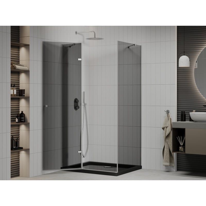 Mexen Roma Duschkabine schwenkbar 120 x 80 cm, Graphit, Chrom + Duschwanne Flat, Schwarz - 854-120-080-01-40-4070