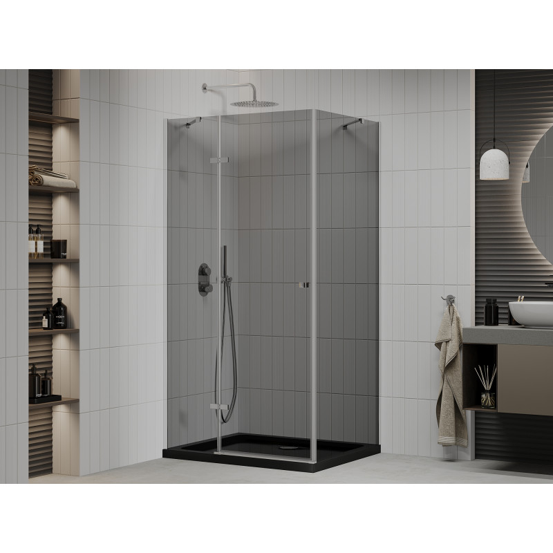 Mexen Roma Duschkabine schwenkbar 120 x 80 cm, Graphit, Chrom + Duschwanne Flat, Schwarz - 854-120-080-01-40-4070