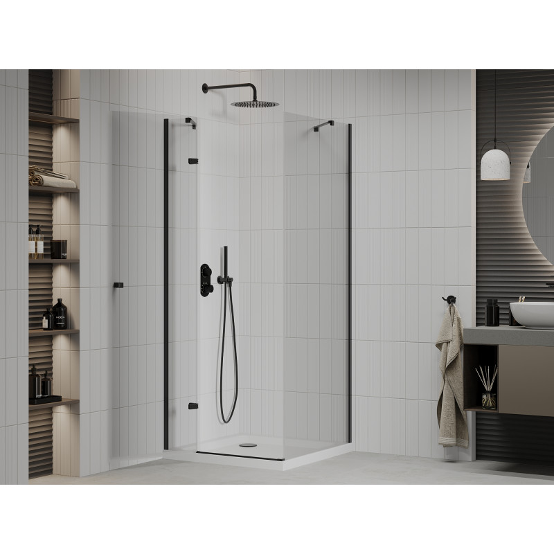 Mexen Roma ausschwenkbare Duschkabine 90 x 90 cm, transparent, schwarz + Duschwanne Flat, weiß - 854-090-090-70-00-4010B