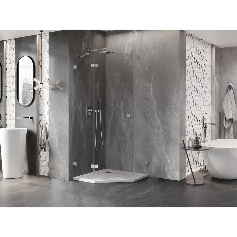 Mexen Lunar Fünfeckige Duschkabine, schwenkbar, links 80 x 80 cm, transparent, gebürstetes Nickel - 831-080L-080P-97-00-L