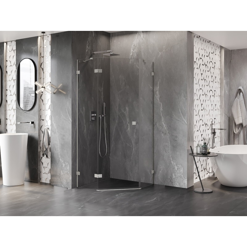 Mexen Lunar Fünfeck-Duschkabine mit linker Tür 80 x 80 cm, transparent, gebürstetes Nickel - 831-080L-080P-97-00-L