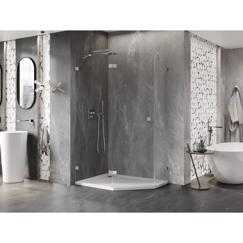 Mexen Lunar Fünfeck-Duschkabine links öffnend 90 x 80 cm, transparent, gebürsteter Nickel - 831-090L-080P-97-00-L