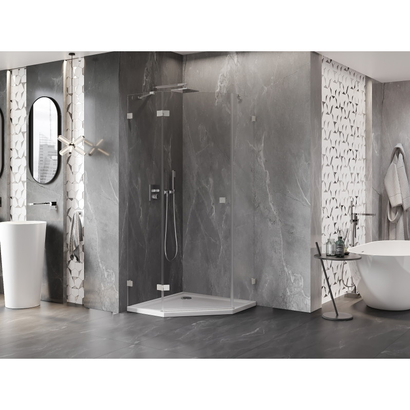 Mexen Lunar fünfeckige Duschkabine, links öffnend 90 x 90 cm, transparent, gebürstetes Nickel - 831-090L-090P-97-00-L