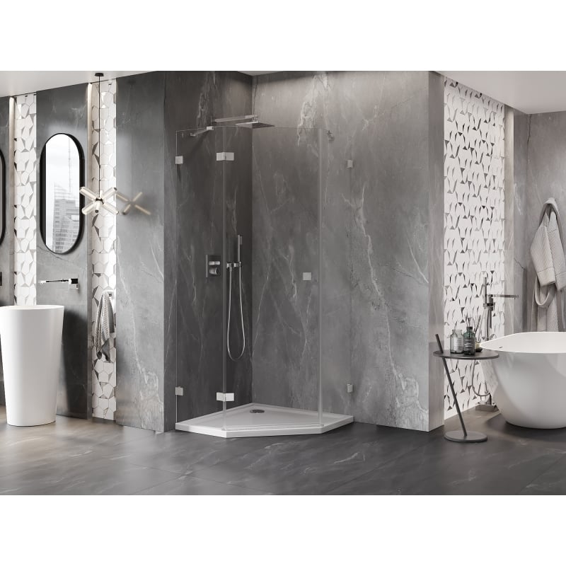 Mexen Lunar Fünfeck-Duschkabine, links öffnend, 100 x 100 cm, transparent, gebürsteter Nickel - 831-100L-100P-97-00-L