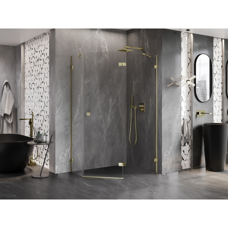 Mexen Lunar fünfeckige Duschkabine rechts 90 x 80 cm, transparent, gold - 831-090P-080L-50-00-P