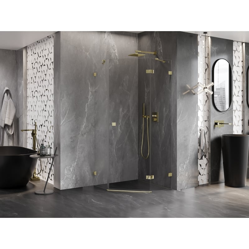 Mexen Lunar Duschkabine fünfeckig, schwenkbar rechts 90 x 90 cm, transparent, gold - 831-090P-090L-50-00-P