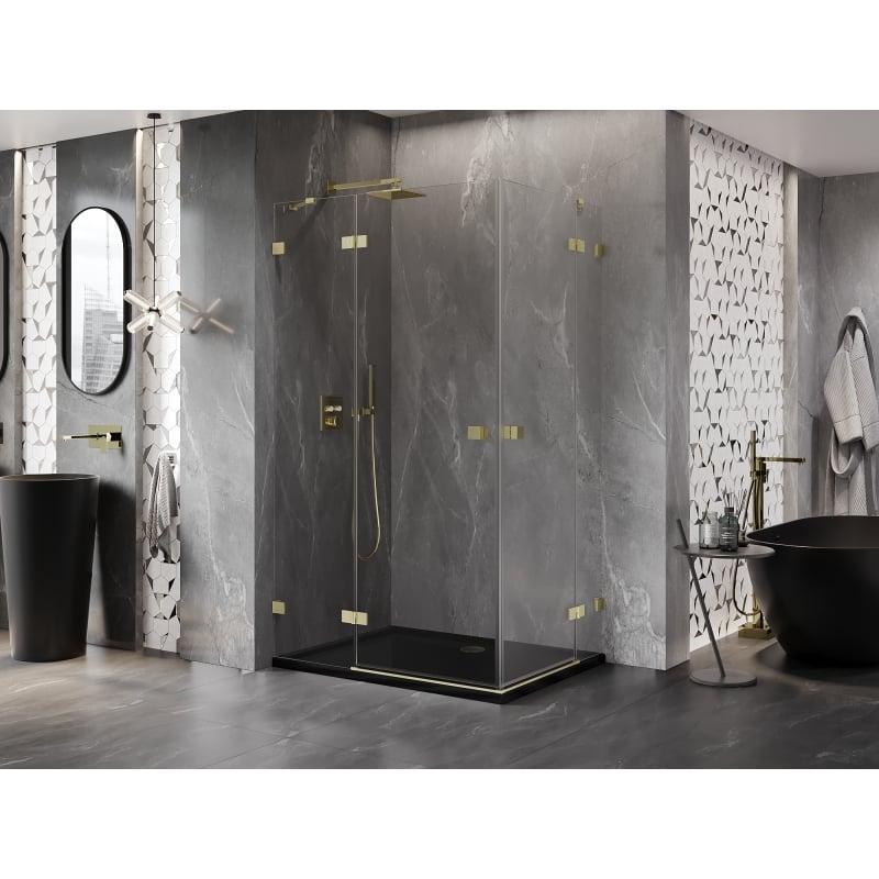 Mexen Lunar Duo-Duschkabine, schwenkbar, links, 110 x 105 cm, transparent, gebürstetes Gold - 834-110L-105P-55-00