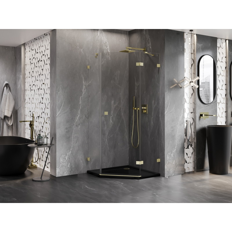 Mexen Lunar Fünfeck-Duschkabine aufschwenkbar rechts 100 x 100 cm, transparent, gebürstetes Gold - 831-100P-100L-55-00-P