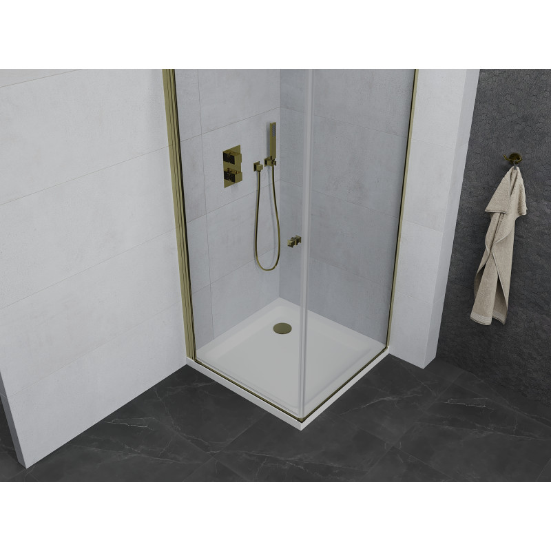Mexen Pretoria Schwenkbare Duschkabine 80 x 80 cm, transparent, gold + Flat Duschwanne - 852-080-080-50-00-4010