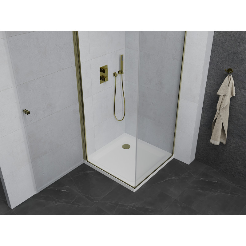 Mexen Pretoria Pendelduschkabine 90 x 90 cm, transparent, gold + Duschwanne Flat - 852-090-090-50-00-4010