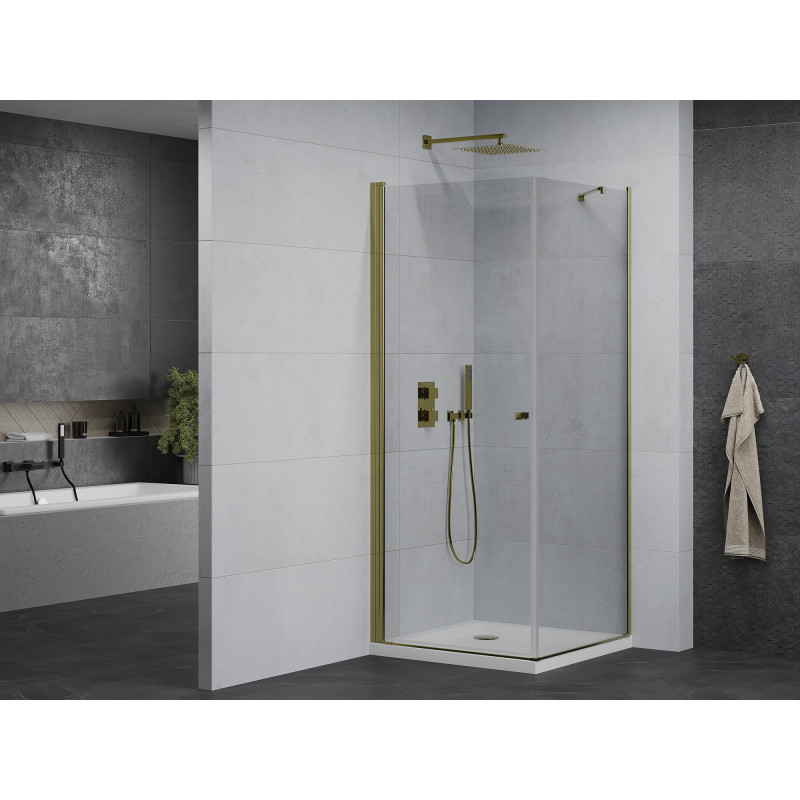 Mexen Pretoria Pendelduschkabine 90 x 90 cm, transparent, gold + Duschwanne Flat - 852-090-090-50-00-4010