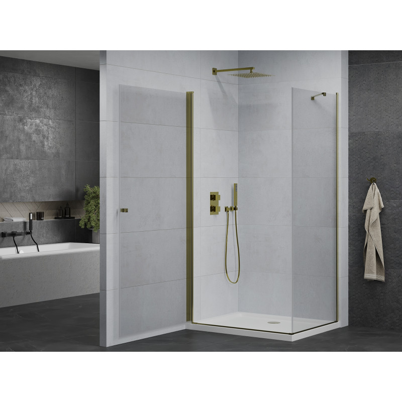 Mexen Pretoria Schwenkbare Duschkabine 90 x 70 cm, Transparent, Gold + Brausetasse Flat - 852-090-070-50-00-4010