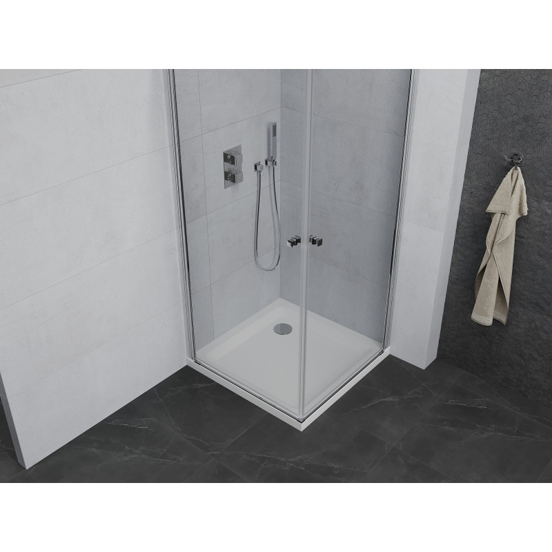 Mexen Pretoria Duo Duschkabine schwenkbar 90 x 90 cm, transparent, Chrom + Duschwanne Flat - 852-090-090-01-02-4010