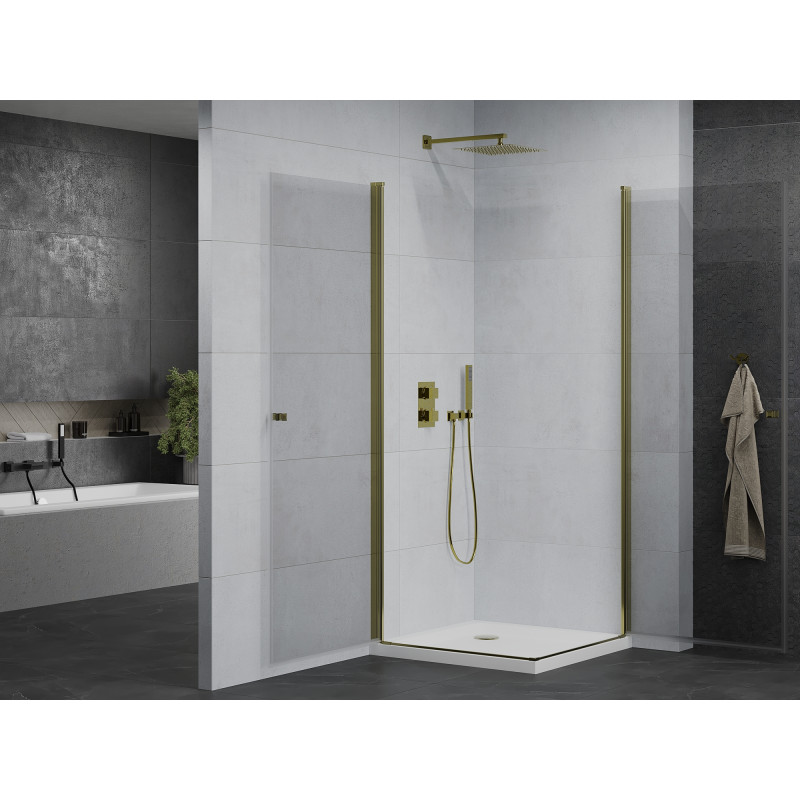 Mexen Pretoria Duo-Duschkabine, schwenkbar 80 x 80 cm, transparent, gold + Flat-Duschwanne - 852-080-080-50-02-4010G