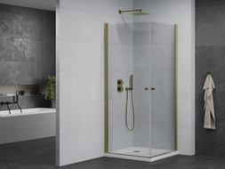 Mexen Pretoria Duo-Duschkabine, schwenkbar 80 x 80 cm, transparent, gold + Flat-Duschwanne - 852-080-080-50-02-4010G