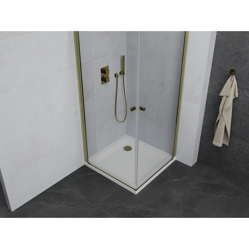 Mexen Pretoria Duo Duschkabine, klappbar 90 x 90 cm, transparent, gold + Flat Duschwanne - 852-090-090-50-02-4010G