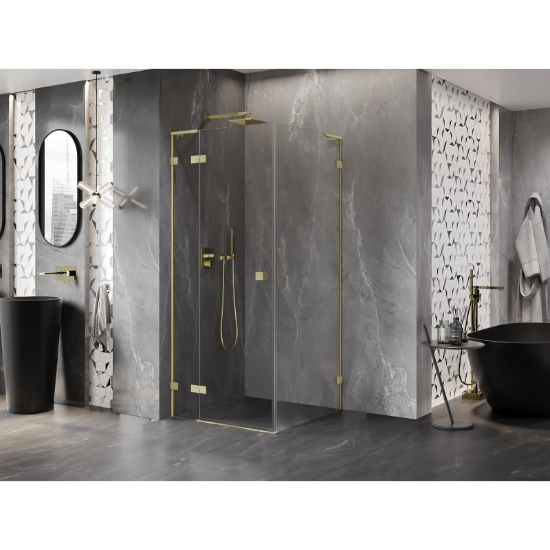 Mexen Lunar L Duschkabine, Schwingtür, links 90 x 90 cm, transparent, gebürstetes Gold - 834L-090-090-55-00-L