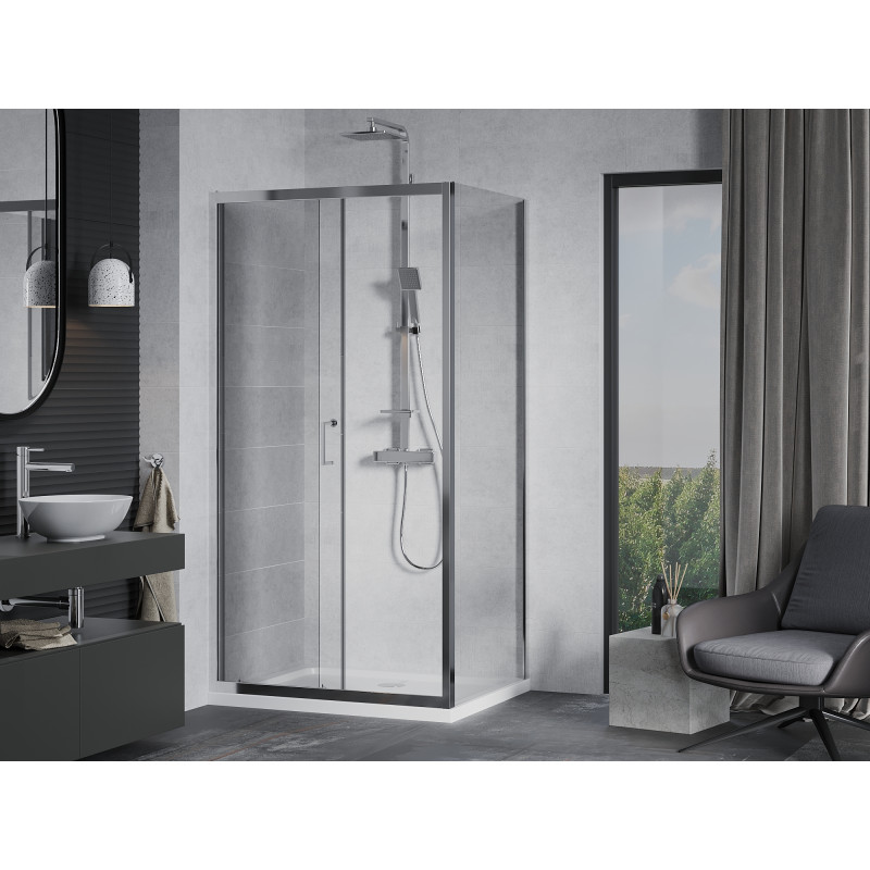 Mexen Apia Schiebetür-Duschkabine 130 x 80 cm, transparent, Chrom + Flat-Duschtasse - 840-130-080-01-00-4010
