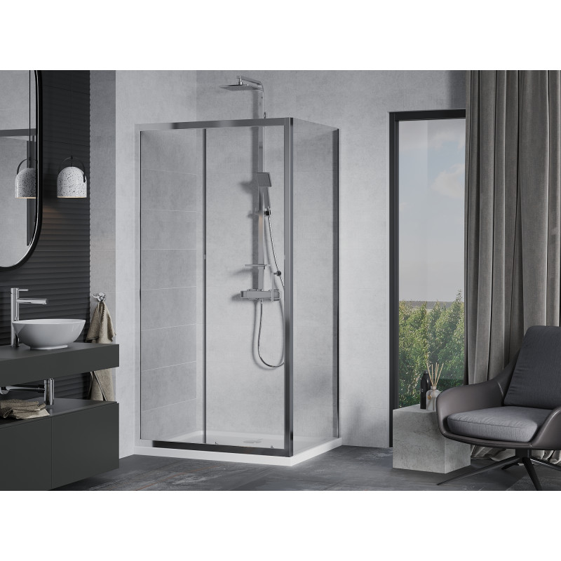 Mexen Apia Schiebeduschkabine 130 x 100 cm, transparent, Chrom + Duschwanne Flat - 840-130-100-01-00-4010