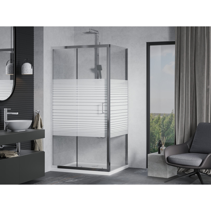 Mexen Apia Schiebedusche 110 x 90 cm, weiße Streifen, Chrom + flache Duschwanne - 840-110-090-01-20-4010