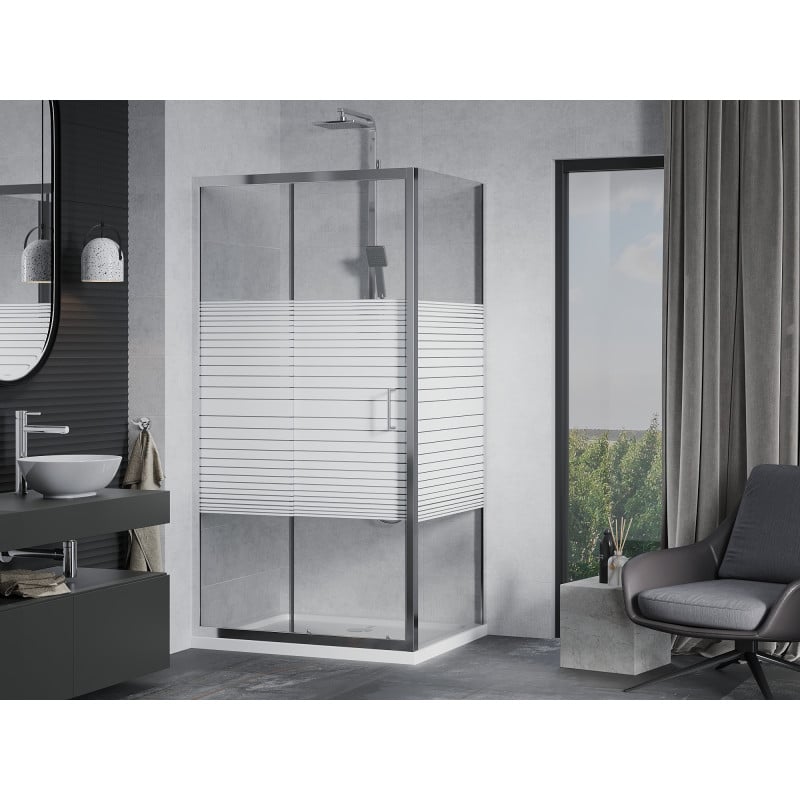Mexen Apia Schiebeduschkabine 130 x 70 cm, weiße Streifen, Chrom + Flat Duschwanne - 840-130-070-01-20-4010