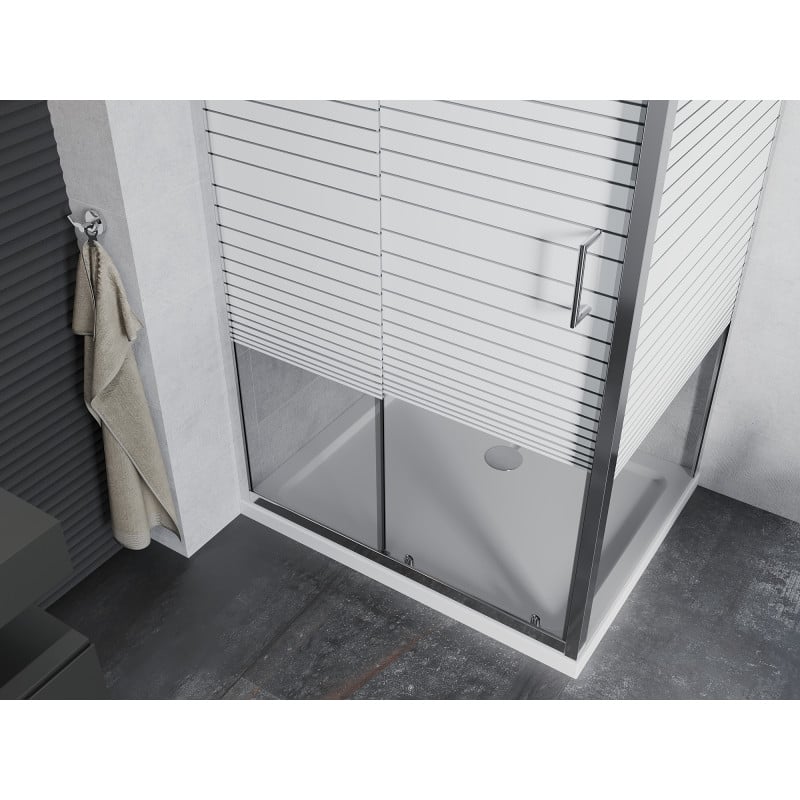 Mexen Apia Schiebeduschkabine 130 x 70 cm, weiße Streifen, Chrom + Flat Duschwanne - 840-130-070-01-20-4010