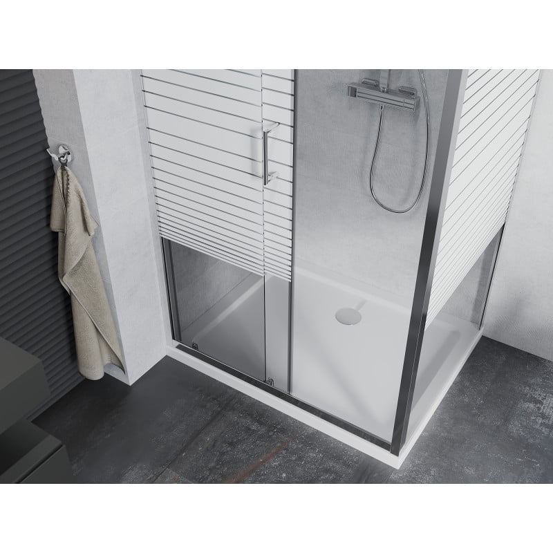 Mexen Apia Schiebeduschkabine 130 x 80 cm, weiße Streifen, Chrom + Flat Duschwanne - 840-130-080-01-20-4010