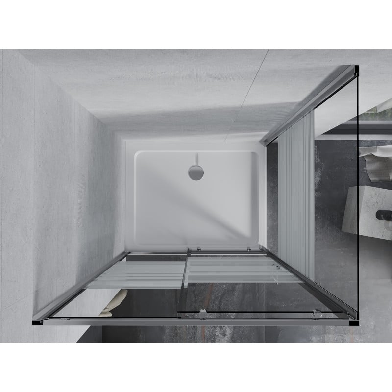Mexen Apia Schiebeduschkabine 130 x 90 cm, weiße Streifen, Chrom + Flat Duschwanne - 840-130-090-01-20-4010