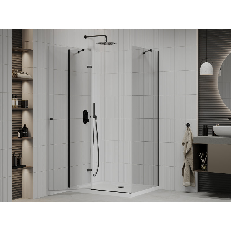 Mexen Roma Duschkabine schwenkbar 80 x 110 cm, transparent, schwarz + Duschwanne Flat, weiß - 854-080-110-70-00-4010B