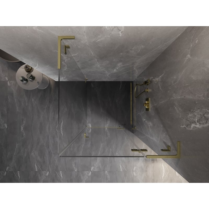 Mexen Lunar L Duschkabine, rechts angeschlagen, 90 x 90 cm, transparent, gebürstetes Gold - 834L-090-090-55-00-P