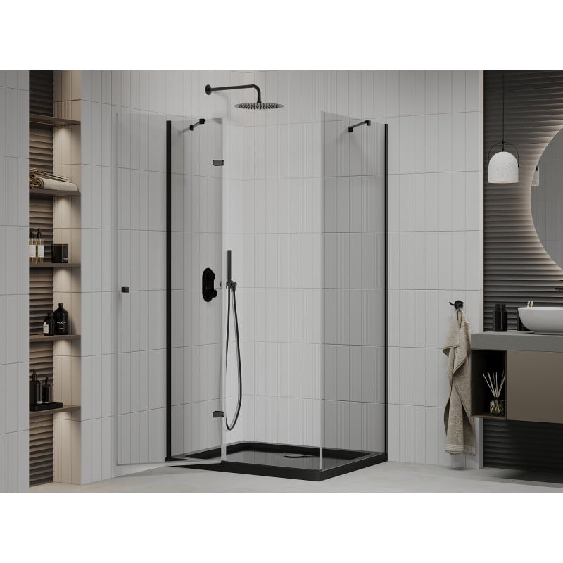 Mexen Roma Duschkabine schwenkbar 80 x 100 cm, transparent, schwarz + Duschwanne Flat, schwarz - 854-080-100-70-00-4070B
