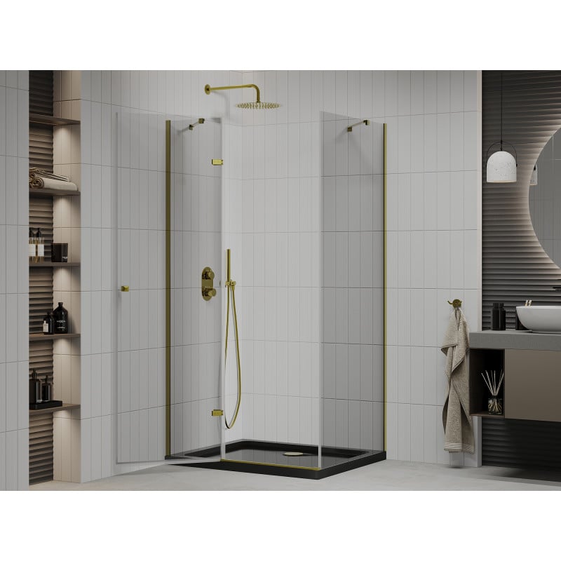 Mexen Roma Duschkabine schwenkbar 120 x 80 cm, transparent, gold + Duschwanne Flat, schwarz - 854-120-080-50-00-4070G