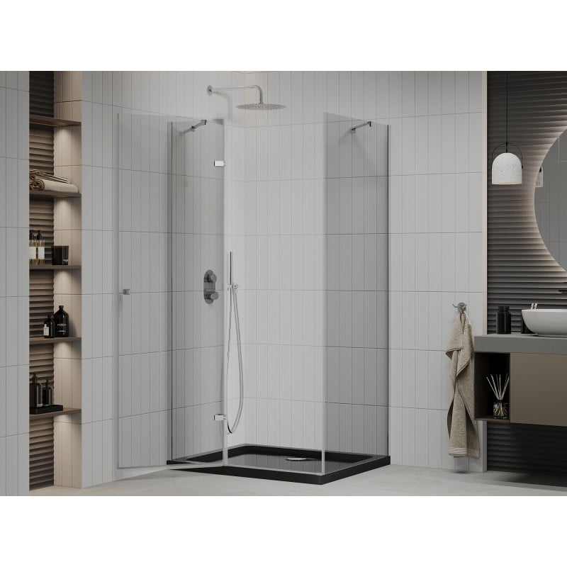 Mexen Roma Duschkabine schwenkbar 90 x 100 cm, transparent, Chrom + Duschwanne Flat, schwarz - 854-090-100-01-00-4070