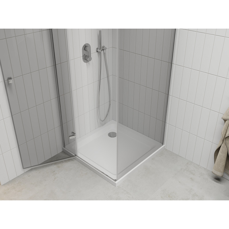 Mexen Roma Duschkabine, schwenkbar, 80 x 80 cm, transparent, Chrom + Duschwanne Flat - 854-080-080-01-00-4010