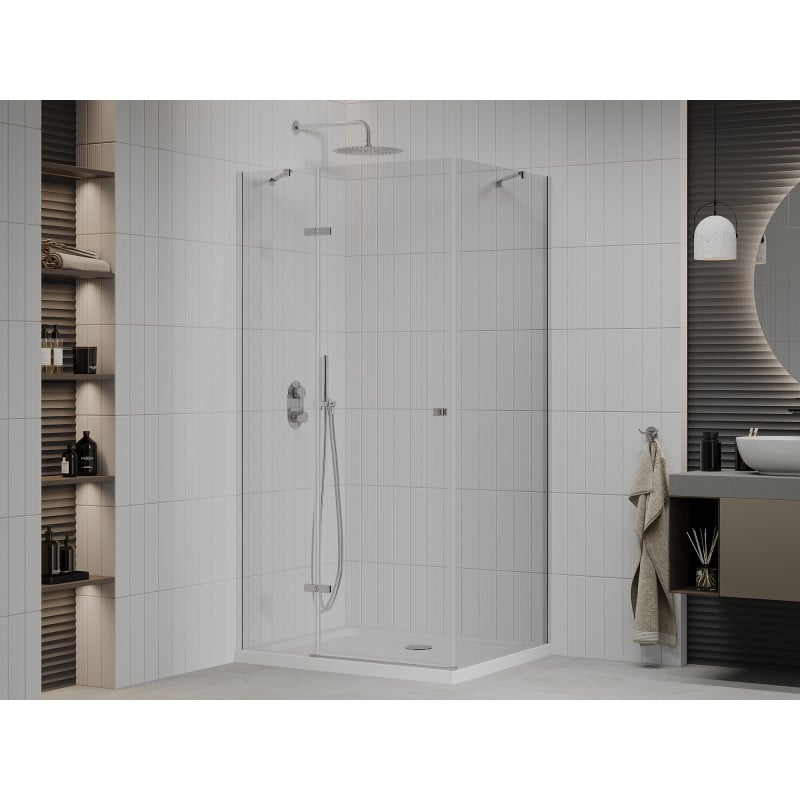 Mexen Roma Duschkabine schwenkbar 80 x 70 cm, transparent, Chrom + Duschwanne Flat - 854-080-070-01-00-4010